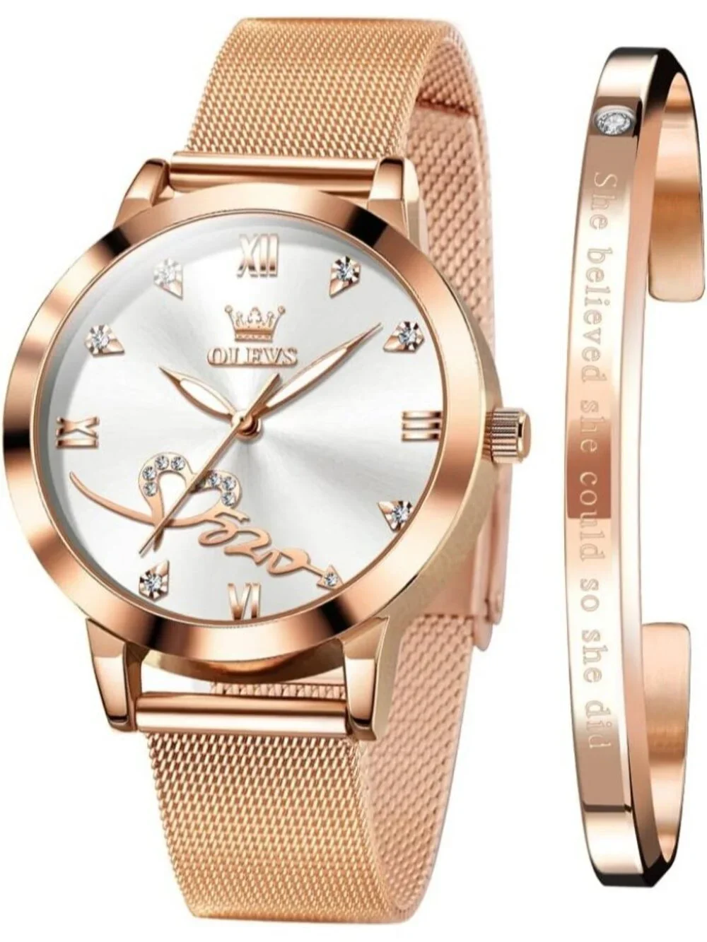 Women's Rose Gold White Mesh Strap Dress Hearts Quartz Bracelet Sets Watch